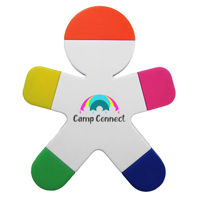 A highlighter shaped like a colourful gingerbread man featuring orange, pink, yellow, green, and blue segments with a logo.