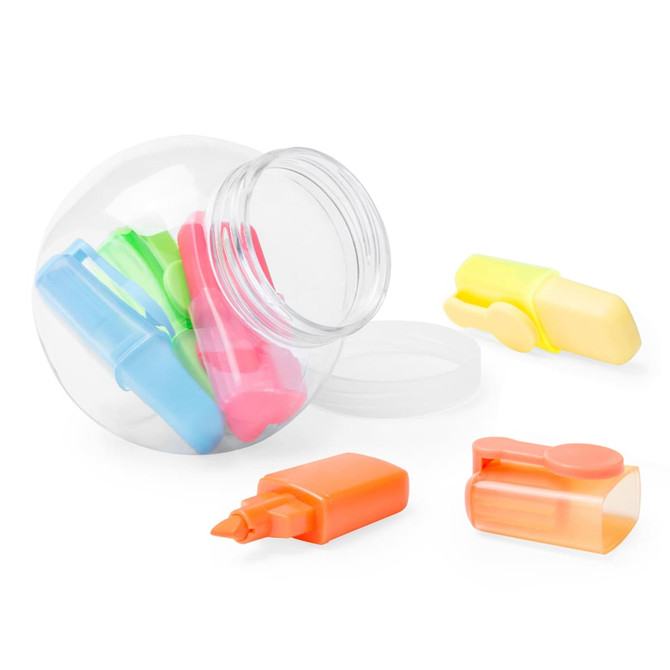 A jar containing brightly coloured highlighters: green, blue, orange, yellow, and pink. The jar has a clear design.