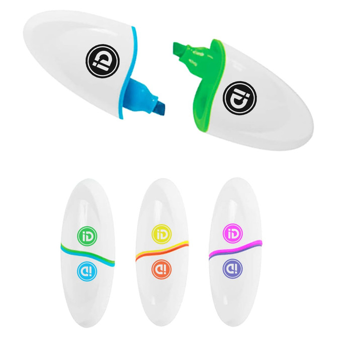 An oval highlighter set featuring vibrant green, blue, orange, and purple tips, with a white casing and logo.