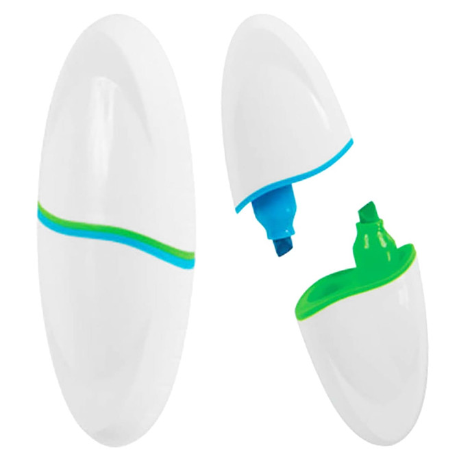 An oval highlighter in white with green and blue accents, featuring a cap that reveals two coloured tips.