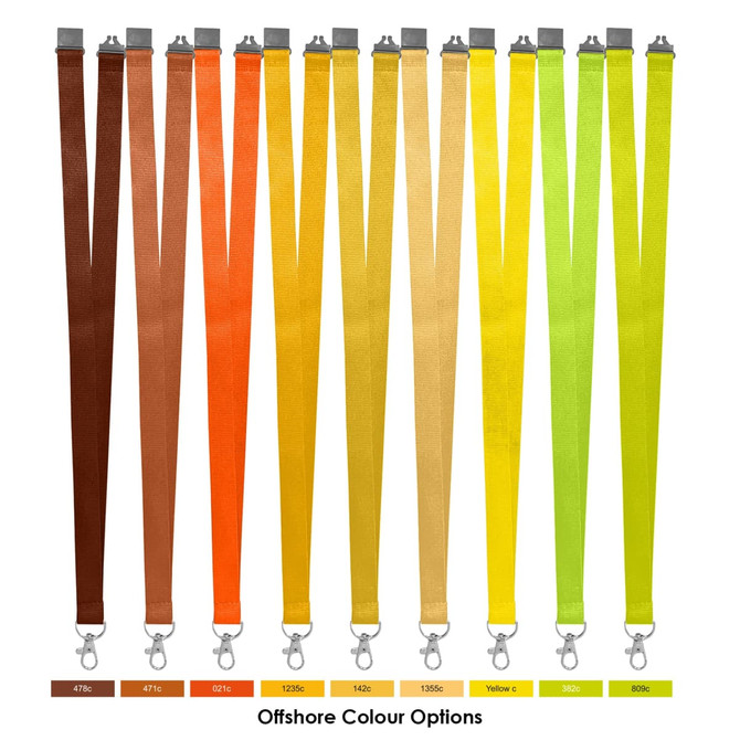 Various colours of tubular lanyards, including brown, orange, yellow, and green, displayed with clips and branding.