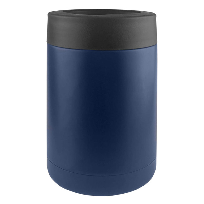 A stainless steel stubby holder in navy blue with a black top, featuring a logo.