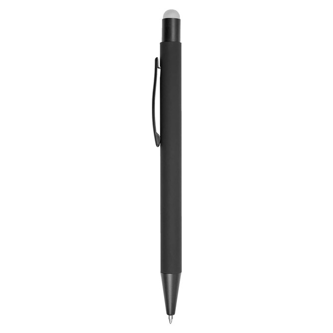 A black stylus pen featuring a sleek design and a clip for easy attachment.