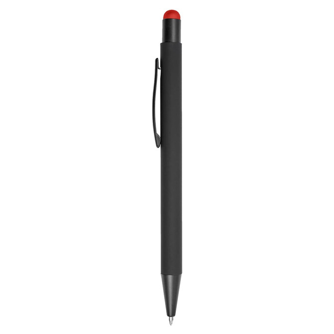 A black stylus pen with a red tip and a clip for secure attachment. It features a branded logo.