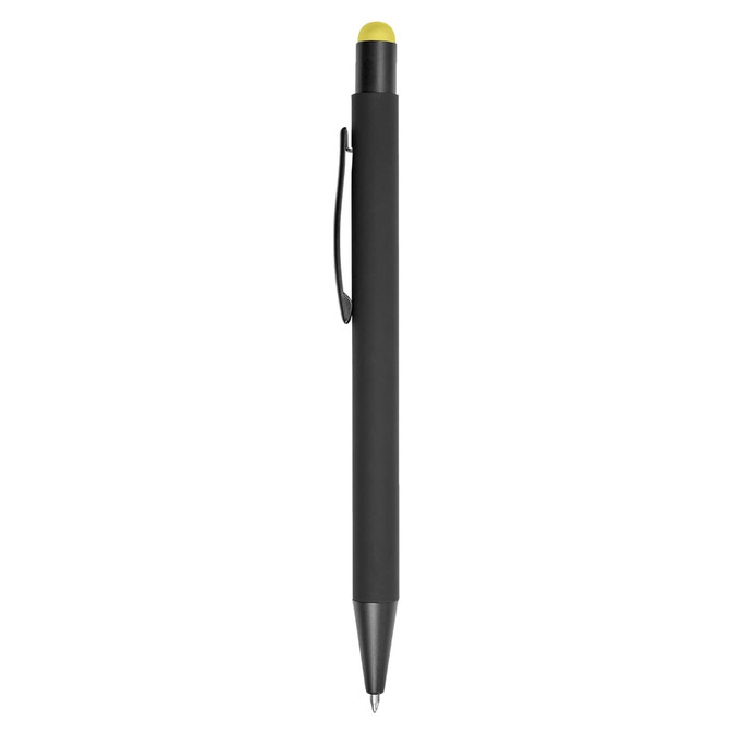 A black stylus pen with a yellow tip and a clip on the side, featuring a logo.