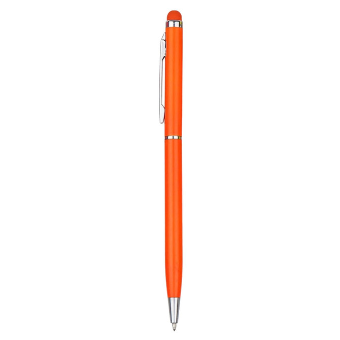 An orange stylus pen with silver accents and a clip. It features a smooth, sleek design and has a logo.