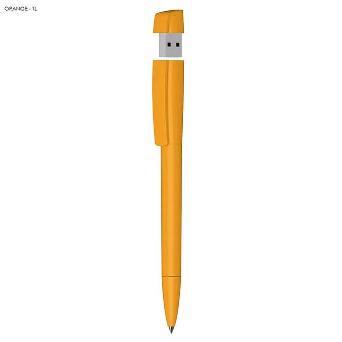 An orange USB pen with a 16GB storage capacity, featuring a cap that doubles as a pen tip.