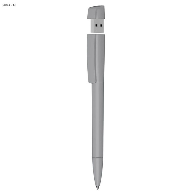 A grey USB pen with a 16GB capacity, designed as a solid plastic flash drive, featuring a retractable ballpoint tip.