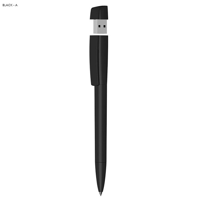 A black pen with a retractable USB connector, featuring a solid plastic design. It has a logo on the body.