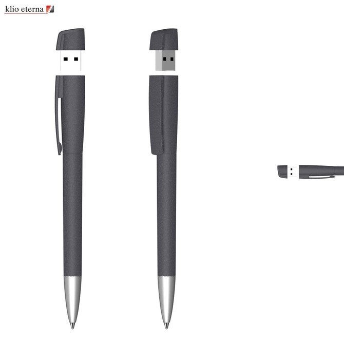 A USB pen in grey with a soft grip, featuring a USB connector and a clip for easy portability.