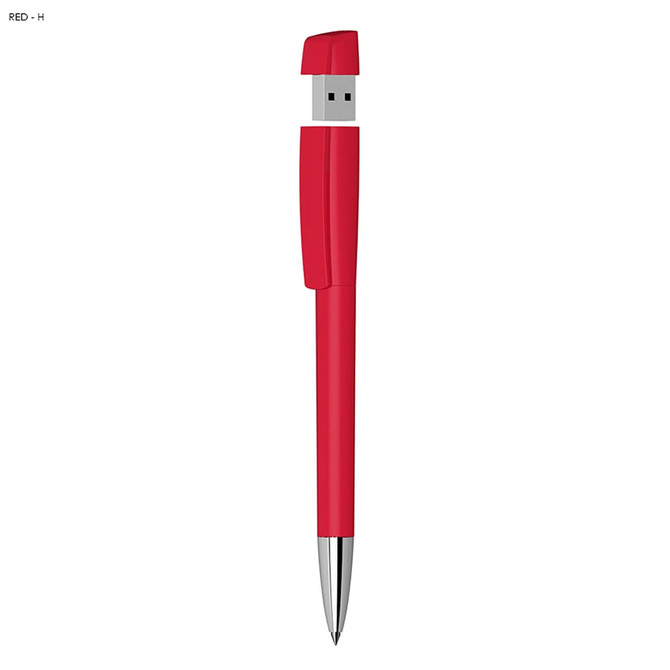 A red USB pen drive with a metal tip and a compact design. It features a simple, sleek body and has a logo.