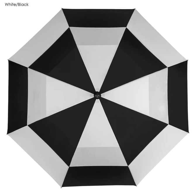 A black and white golf umbrella with a geometric design and a central handle, featuring a logo.