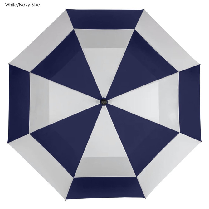 A navy blue and white umbrella with a geometric design and a central button, featuring a logo.