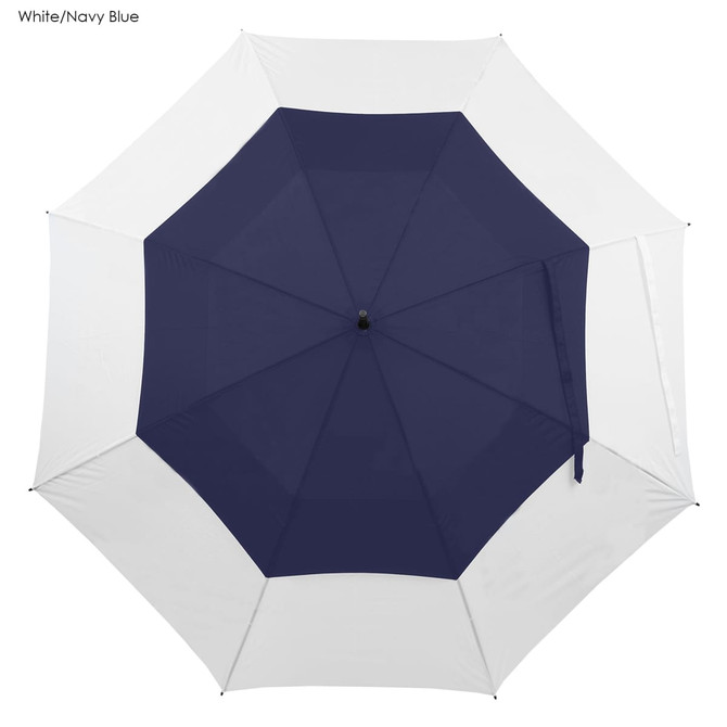 A navy blue and white umbrella with an eight-panel design, featuring a centre handle and a branding logo.