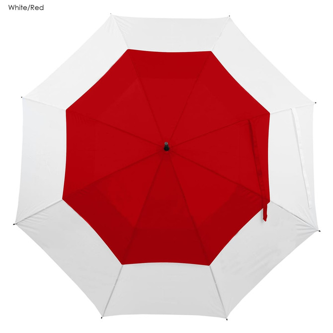 A red and white umbrella featuring an octagonal shape and a central button. It includes a branding logo.