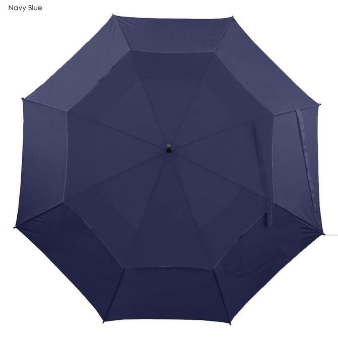 A navy blue umbrella featuring an octagonal design and a central black hub. It has a solid fabric covering and no visible branding.