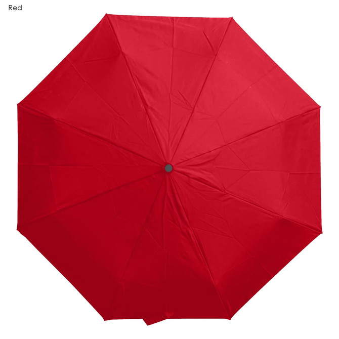 A red umbrella featuring eight segments and a central button. It has a simple design and a logo on the fabric.