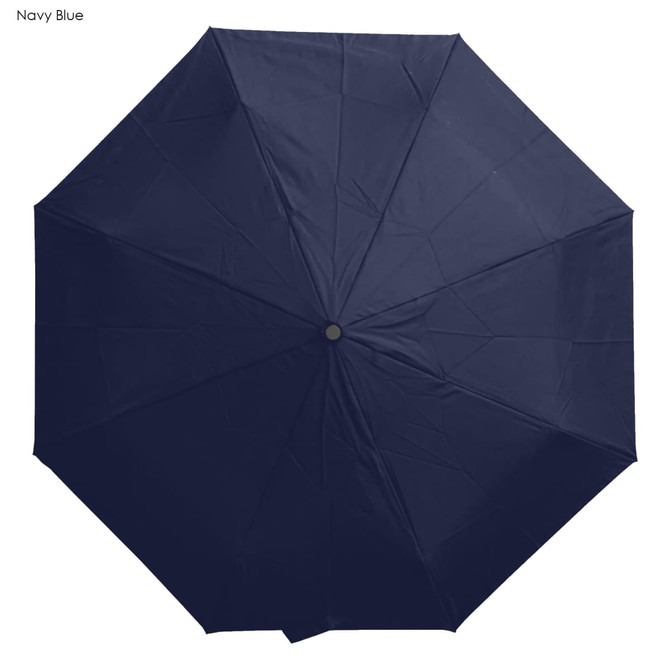 A navy blue Windsor umbrella with an octagonal shape and a central button, featuring a logo.