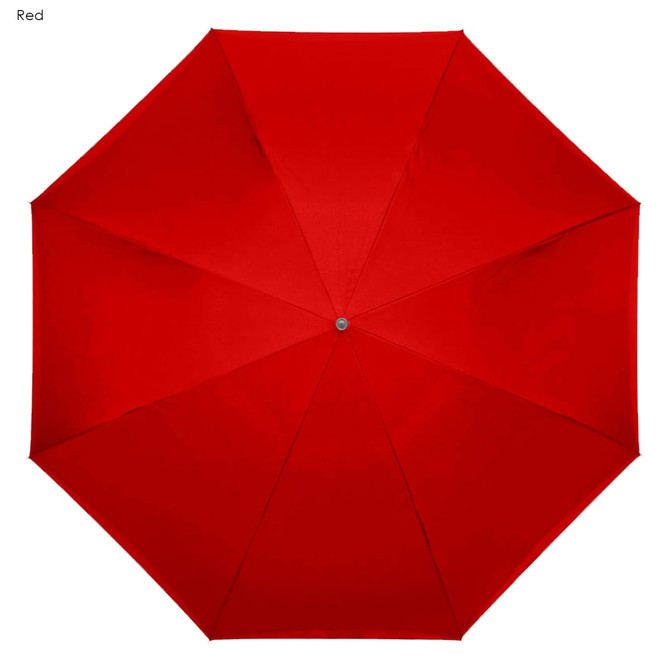 A red inverted umbrella with eight panels and a central silver button. It features a logo on its handle.