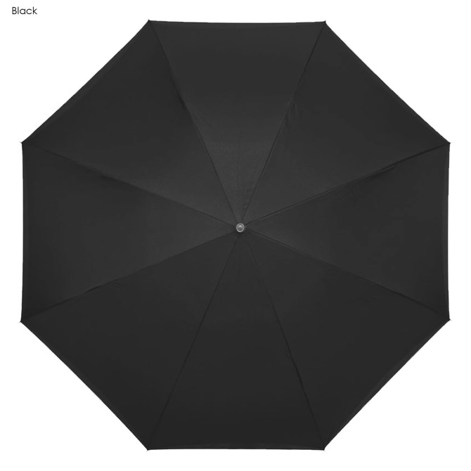 A black inverted umbrella with a smooth fabric surface and a central button for opening and closing.