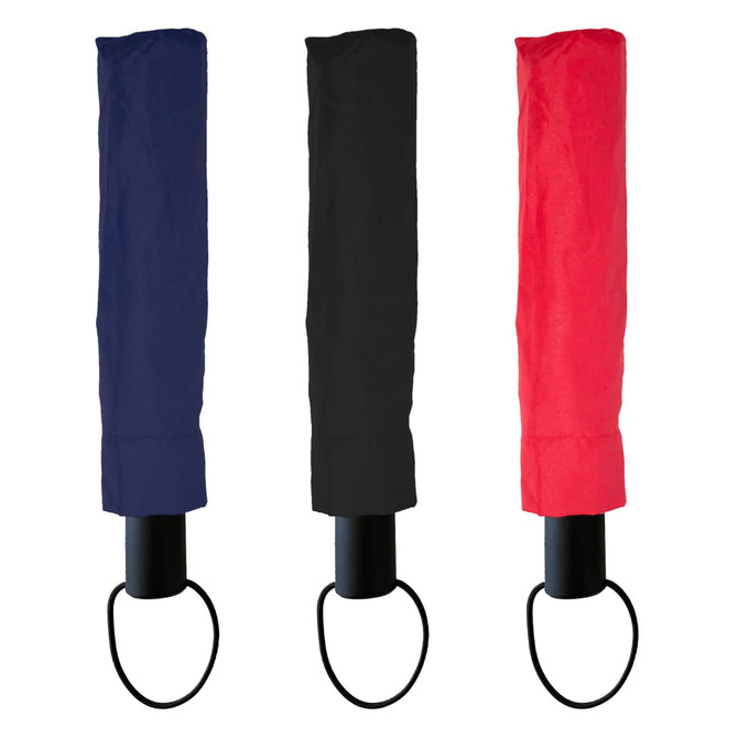 A set of three Windsor Umbrellas in navy blue, black, and red, featuring a handle with a loop.