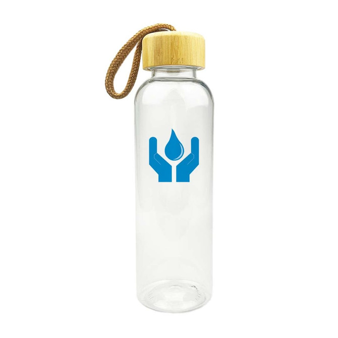 A drink bottle with a clear body, a bamboo lid, and a blue logo depicting hands holding a water droplet.