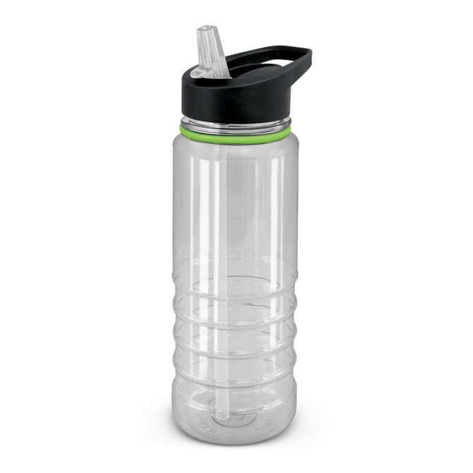 A drink bottle featuring a clear body with a black lid and a green accent, complete with a straw.