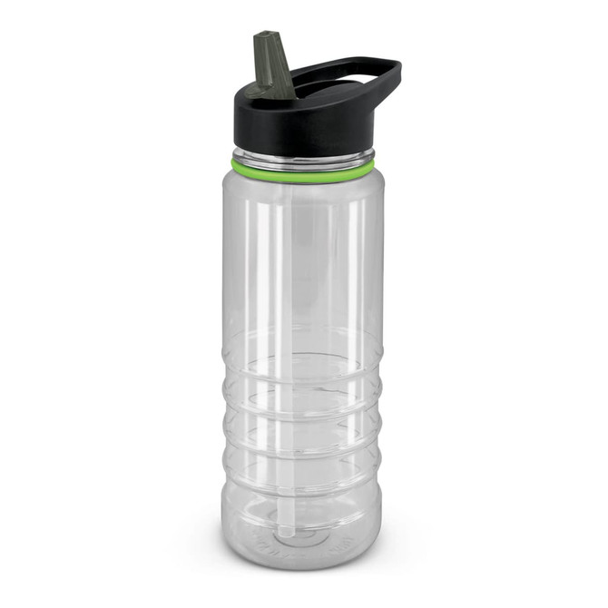 A drink bottle in clear plastic with black and green accents, featuring a black lid and built-in straw.