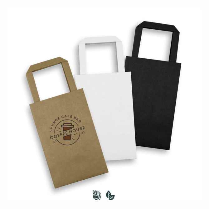 A set of three small flat handle paper bags in brown, white, and black, featuring a logo on one bag.