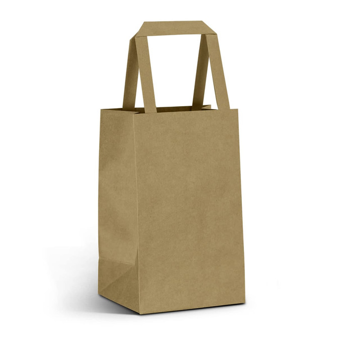 A small flat handle paper bag in a natural brown colour with an open top and two upright handles.
