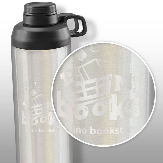 A drink bottle in metallic silver with a black lid and a handle, featuring a printed logo.