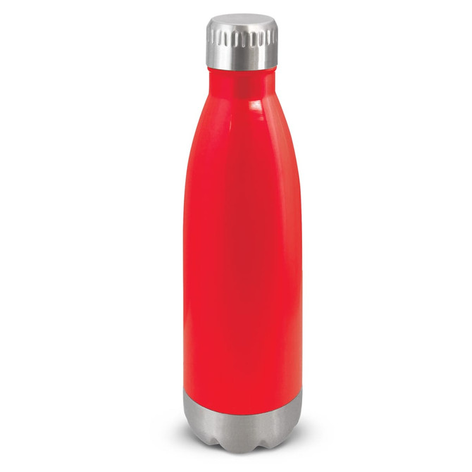 A drink bottle in vibrant red with a silver base and a metallic cap, featuring a logo.