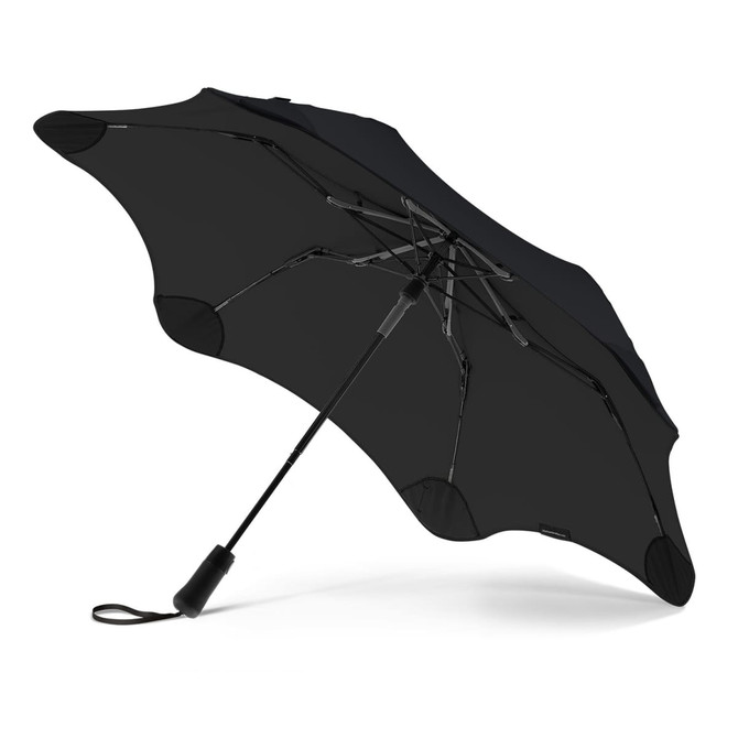 A black UV umbrella with a sleek design and a sturdy handle, featuring a logo on the canopy.