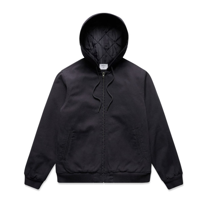 A black hooded bomber jacket with a quilted lining and ribbed cuffs, featuring side pockets and a front zipper.