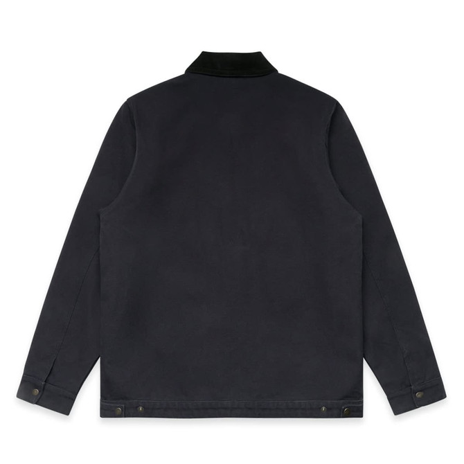 A black canvas collar jacket with a button-up front and a collar, featuring a logo on the back.