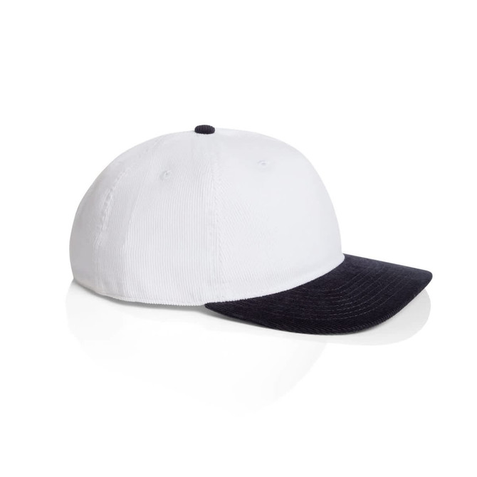 A two-tone cap featuring a white crown and a black brim, with a small logo on the side.