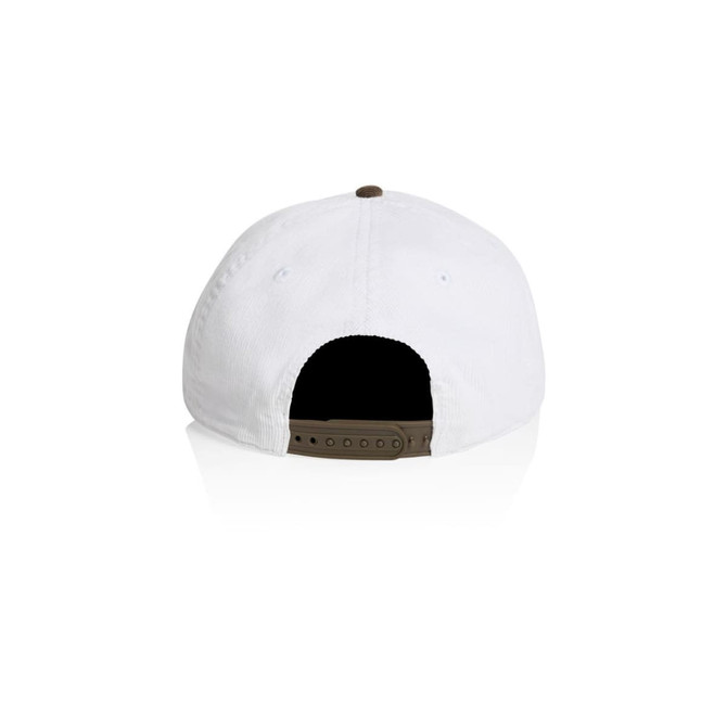 A two-tone cap featuring a white fabric design and a brown adjustable strap at the back. It has a logo on it.