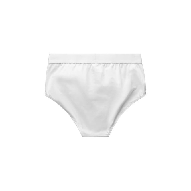 A pair of white Y-Front briefs with a comfortable waistband and a smooth finish. The product features a logo.