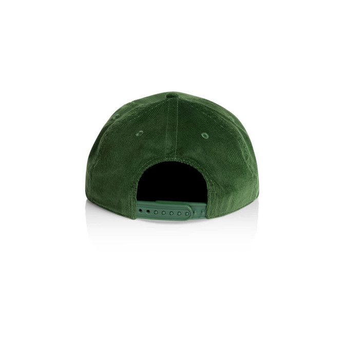 A green cord cap with a curved brim and adjustable strap at the back, featuring a logo.