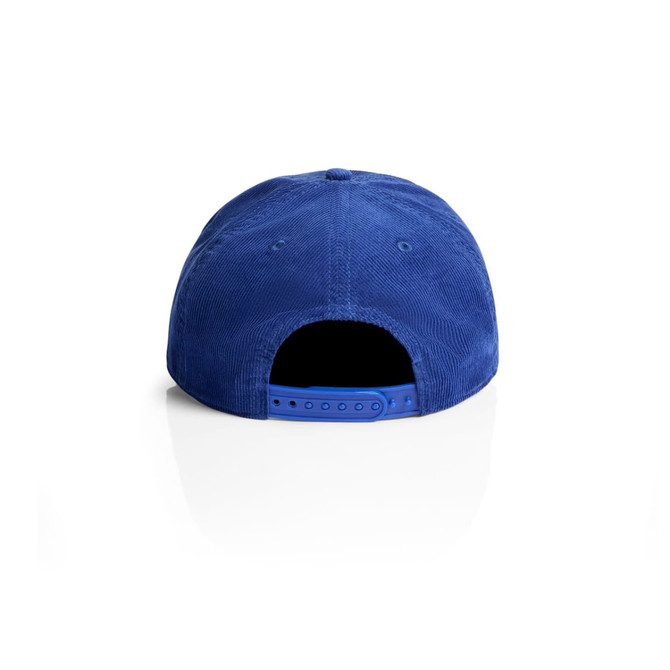 A blue corduroy cap featuring a snapback closure and a logo on the rear.