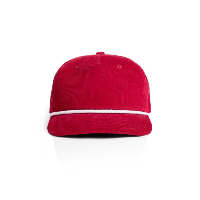 A red corduroy cap featuring a white rope accent and a visible logo on the front.