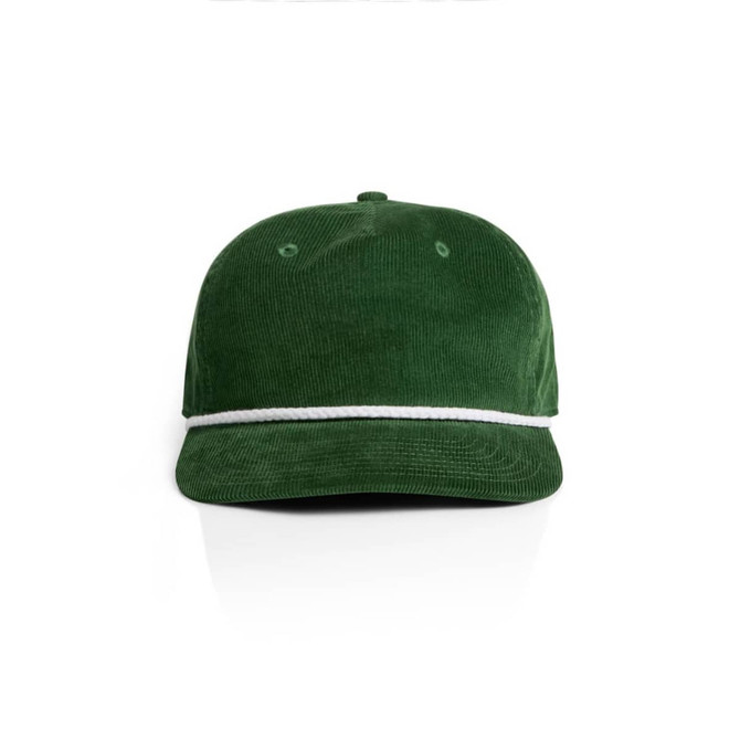 A green corduroy cap featuring a white rope accent and a logo.