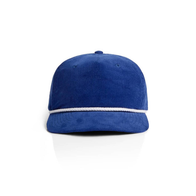 A blue corduroy cap with a white rope detail along the brim and a logo on the front.