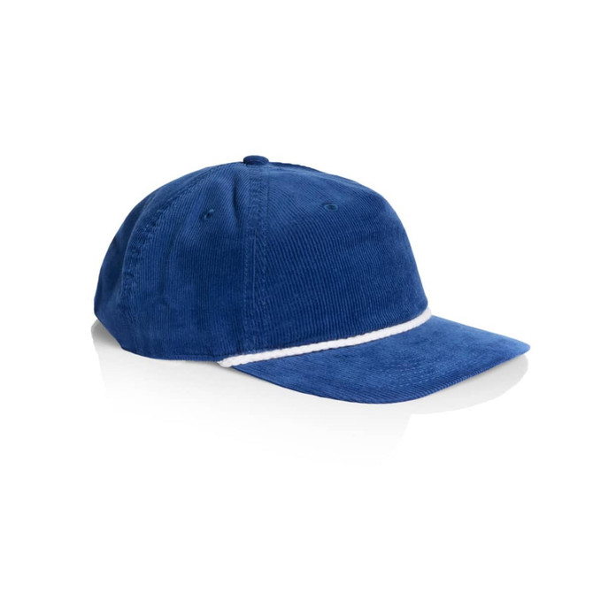 A blue corduroy cap featuring a white rope detail and a logo on the front.