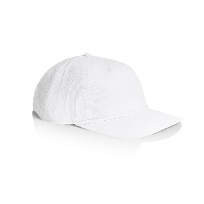 A white cap with a curved brim, featuring a logo on the front, displayed at an angle.