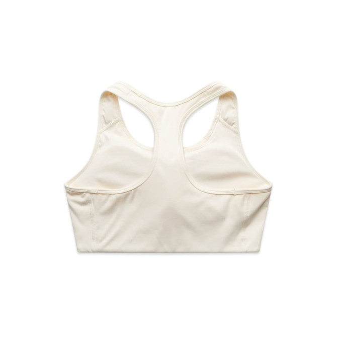 A white sports crop top with a racerback design and a logo on the back.