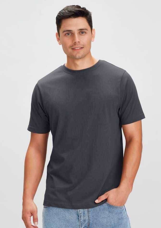 A men's short sleeve tee in dark grey, featuring a simple design and a logo on the chest.