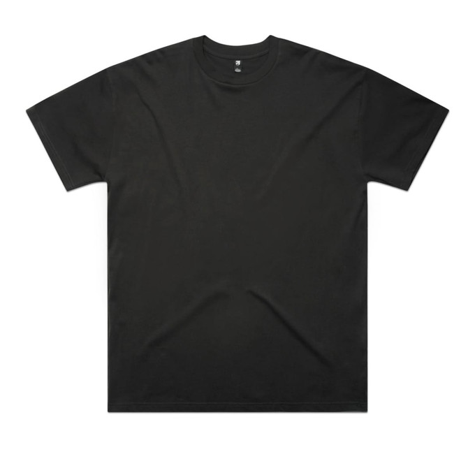An oversized black t-shirt with a round neckline and short sleeves, featuring a logo on the label.