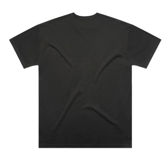 A black oversized tee featuring a plain back and a simple design. The shirt has a logo on the label.