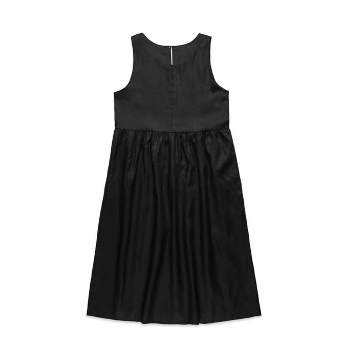 A sleeveless black linen dress with a gathered lower section and a back zip closure. It has a simple, elegant design.